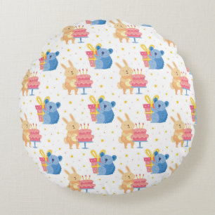 Bunny And Koala Bear On Children Birthday Party Round Cushion