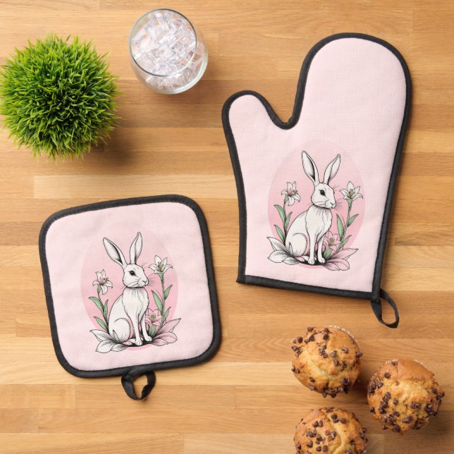 Bunny and Lilies Oven Mitt & Pot Holder Set (Top Down)