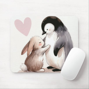 Bunny and Penguin Friendship Mouse Pad