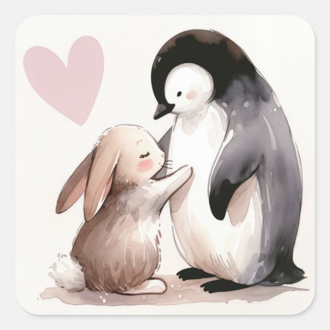 Bunny and Penguin Friendship Square Sticker (Front)
