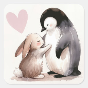 Bunny and Penguin Friendship Square Sticker