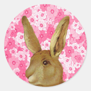 Bunny and Pink Floral Classic Round Sticker