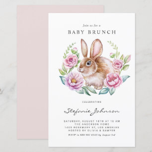 Bunny and Pink Flowers Baby Brunch Invitation