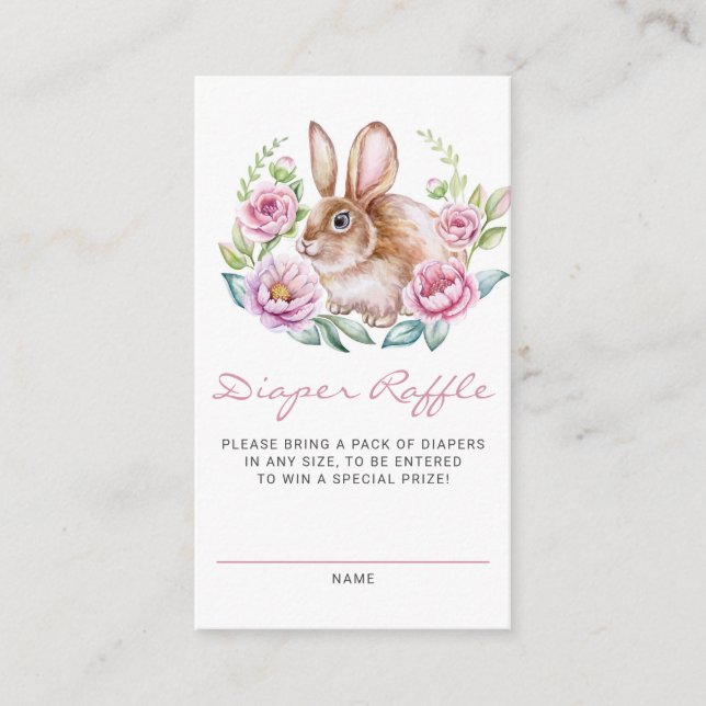 Bunny and Pink Flowers Baby Shower Diaper Raffle Enclosure Card (Front)