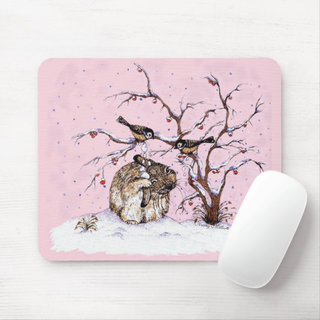 Bunny and Snow Birds Mouse Pad (With Mouse)