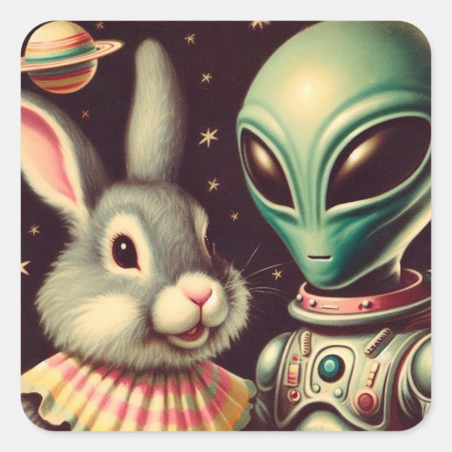 Bunny and Space Alien Retro Kitschy Sci Fi Sticker (Front)