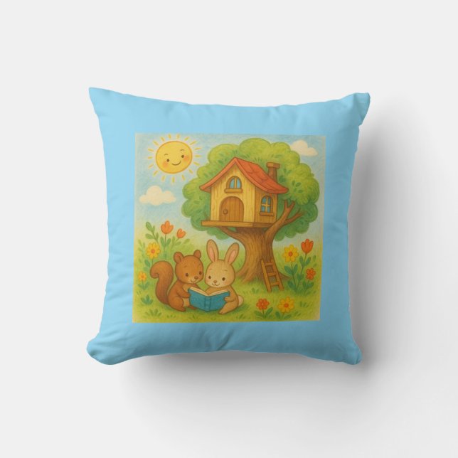 Bunny and Squirrel Reading by Treehouse – Cute Pas Cushion (Front)