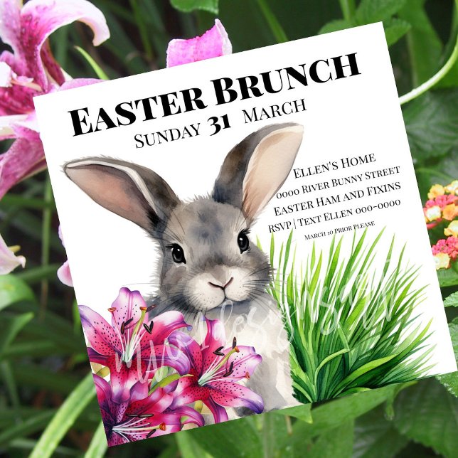 Bunny and Stargazer Lily For Easter Invitation (Easter bunny and stargazer lily on customizable Easter Brunch party invitations for Good Friday. )