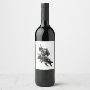 Bunny Astronaut Riding a Rabbit in Space  Wine Label