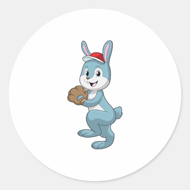 Bunny at Baseball with Baseball glove Classic Round Sticker (Front)