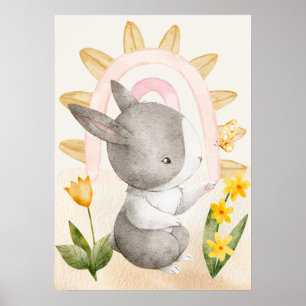 Bunny, Baby Animals, Boho, Yellow Flowers, Rainbow Poster