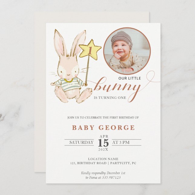 Bunny baby birthday Photo Invitation (Front/Back)