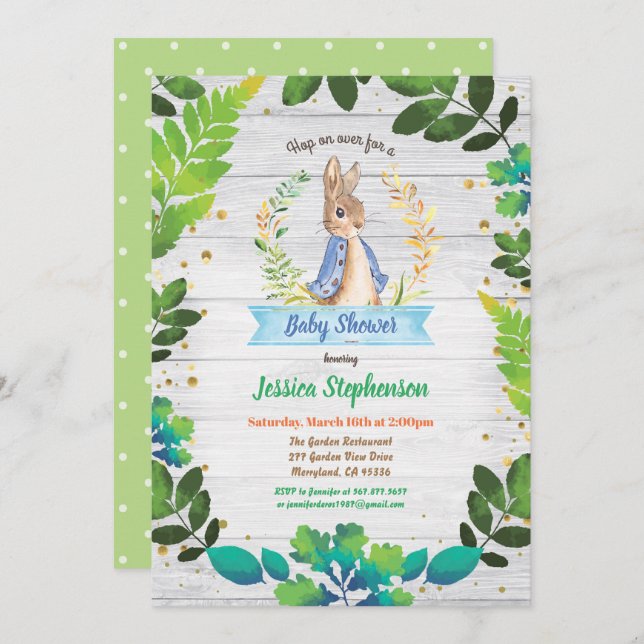 Bunny baby boy shower invitation. Spring Easter Invitation (Front/Back)
