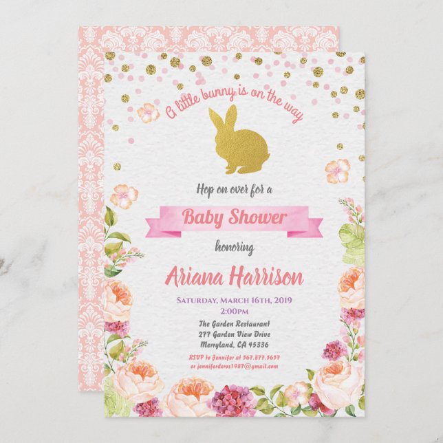 Bunny baby girl shower invitation for Easter (Front/Back)