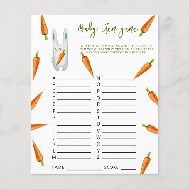 Bunny - Baby Item Game. Baby Shower Game (Front)