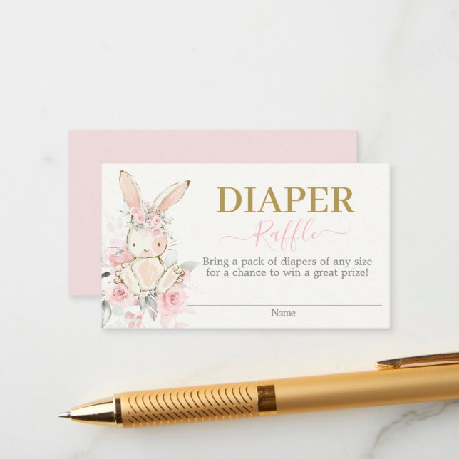Bunny Baby Shower Girl Diaper Raffle Card (Front/Back In Situ)