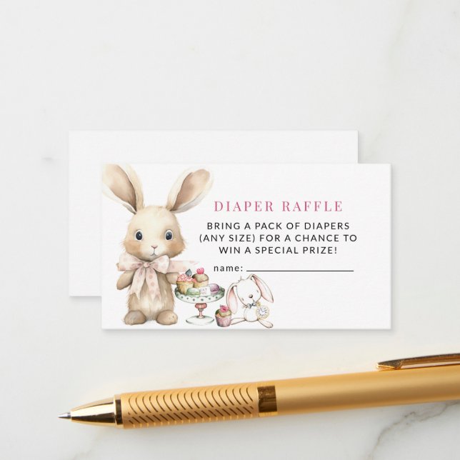 Bunny Baby Shower Girl Diaper Raffle Enclosure Card (Front/Back In Situ)