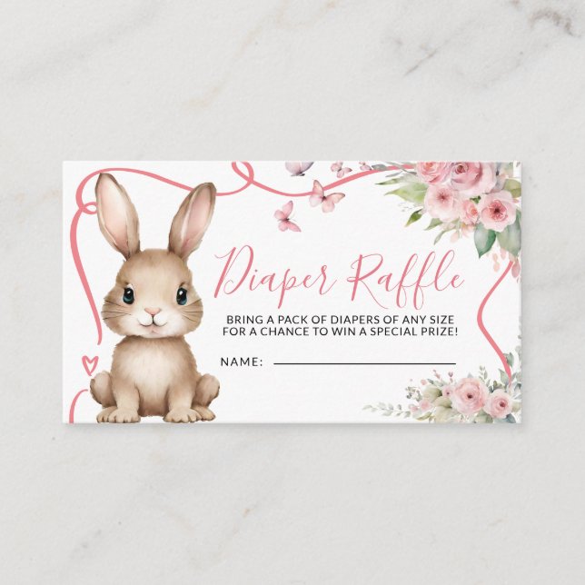 Bunny Baby Shower Girl Pink Floral Diaper Raffle Enclosure Card (Front)
