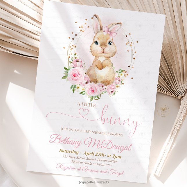 Bunny baby shower  invitation (Bunny baby shower, invitation ,baby shower,Some Bunny,Invite Easter,Rabbit Girl,Spring Floral,Pink a)