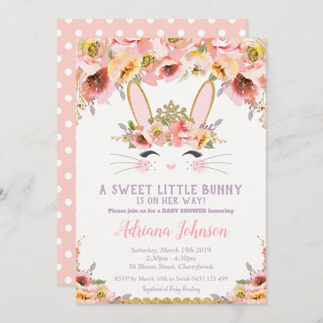 Bunny Baby Shower Invitations Girl Floral Rabbit (Front/Back)