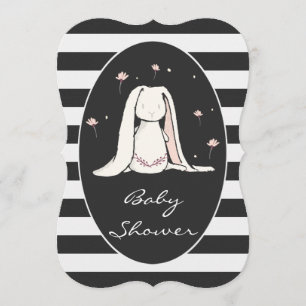 Bunny Baby Shower Pink Flowers Black White Stripes Invitation