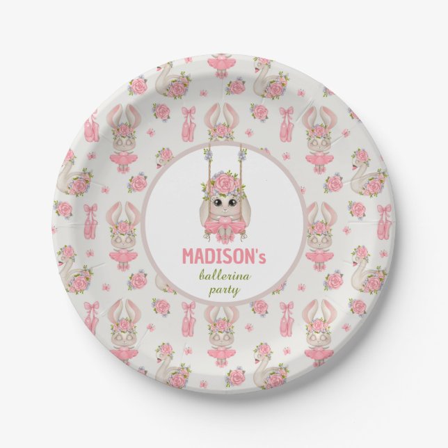 Bunny ballerina pink green floral girl birthday paper plate (Front)