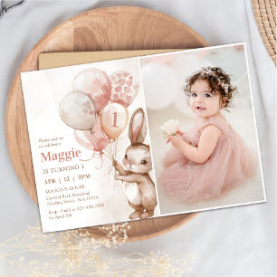 Bunny Balloon Easter Spring 1st Birthday Photo Invitation