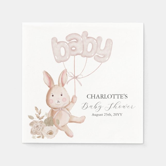 Bunny Balloons Watercolor Boho Neutral Baby Shower Napkin (Front)