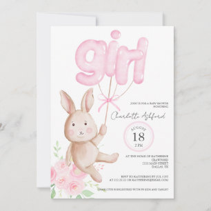 Bunny Balloons Watercolor Floral Girl Baby Shower Invitation