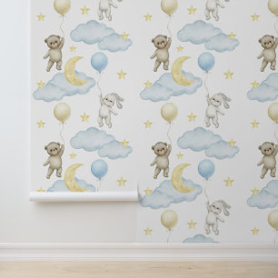 Bunny Bear Balloons Moon Star Cloud Baby Boy  Wallpaper
