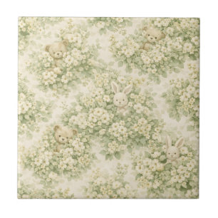 Bunny Bear Floral Garden Neutral Green Pattern Ceramic Tile