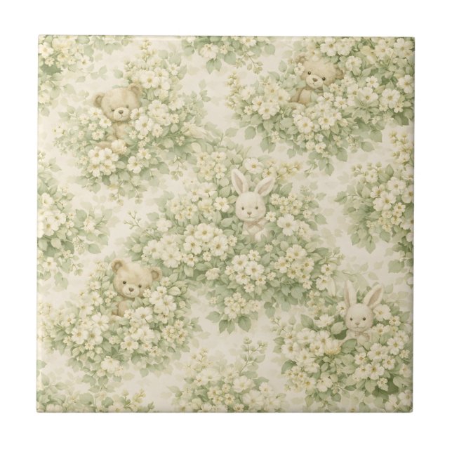 Bunny Bear Floral Garden Neutral Green Pattern Ceramic Tile (Front)