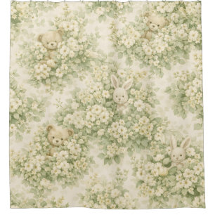 Bunny Bear Floral Garden Neutral Green Pattern Shower Curtain