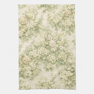 Bunny Bear Floral Garden Neutral Green Pattern Tea Towel