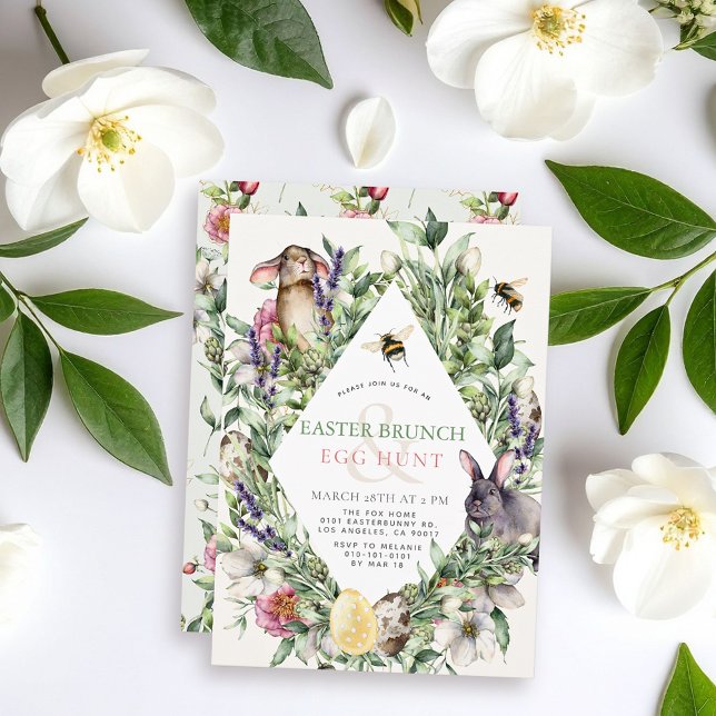 Bunny & Bee Greenery Rhombus Easter Brunch Invitation (Creator Uploaded)