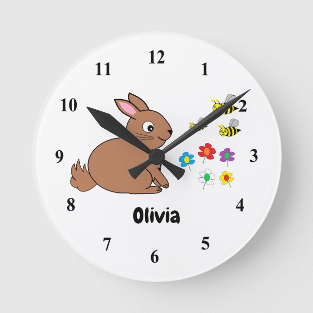 Bunny, bees & flowers on a white Acrylic clock (Front)