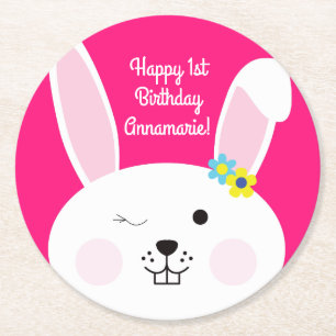 Bunny Birthday Cute Kid's Rabbit Party Round Paper Coaster