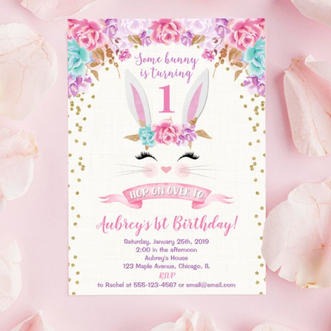 Bunny birthday invitation pink and gold 1st first (Creator Uploaded)