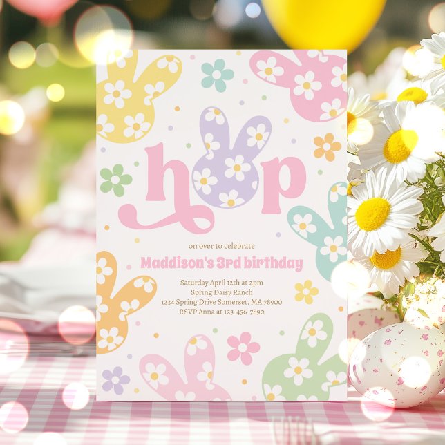 Bunny Birthday Pastel Daisy Floral Spring Party Invitation (Creator Uploaded)