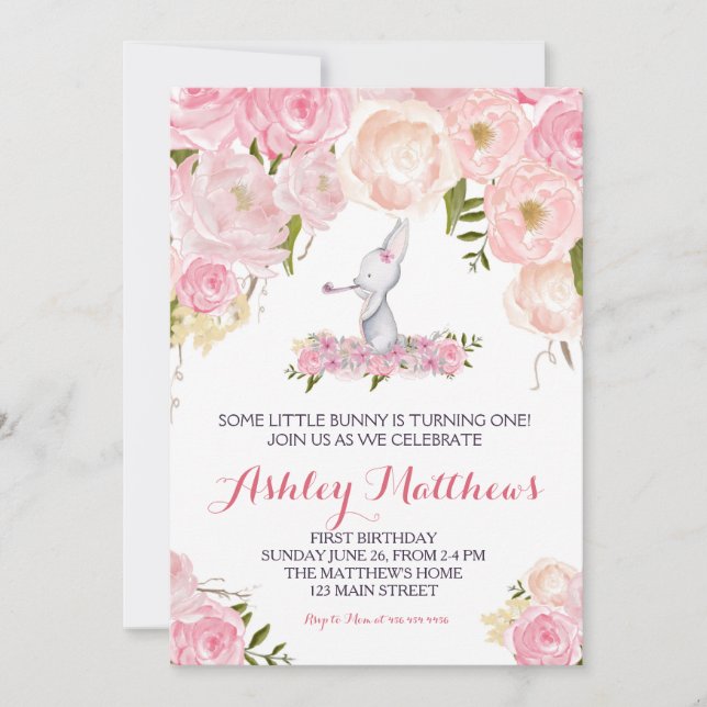 Bunny birthday pink Beautiful Floral Invitation, Invitation (Front)