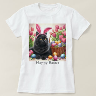 Bunny Black Cat Happy Easter Pink T-Shirt