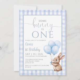 Bunny Blue Balloons Photo 1st Birthday Party Invitation