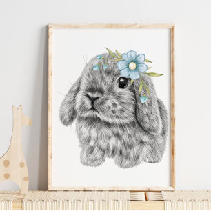 Bunny Blue Bow Nursery Print   Bunny Print