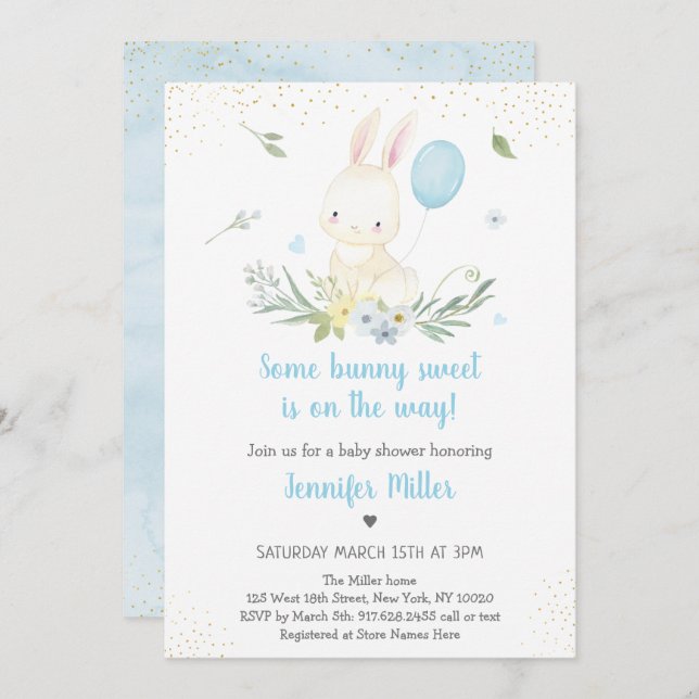 Bunny Blue Boy Greenery Baby Shower Invitation (Front/Back)