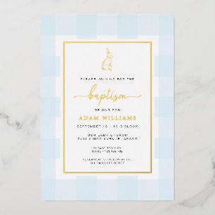 Bunny Blue Gingham Baptism Gold Foil Invitation