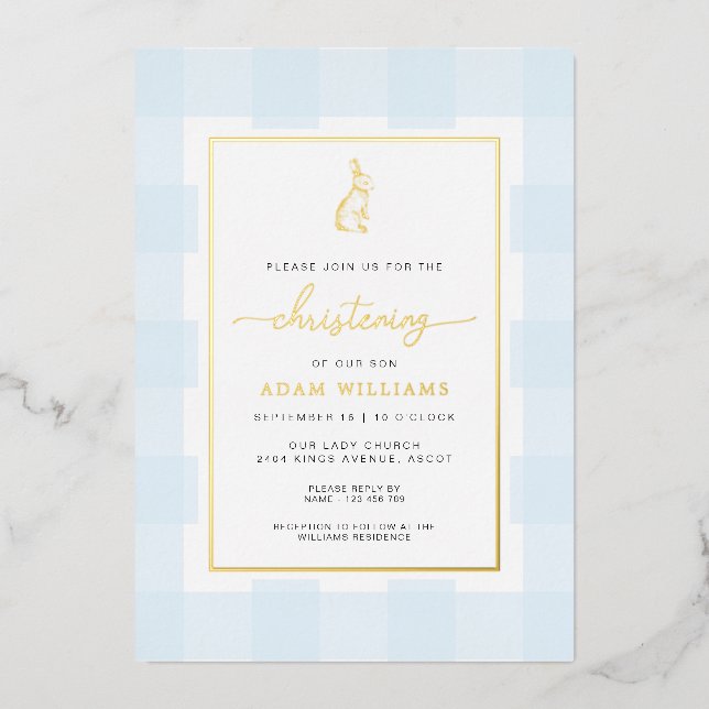 Bunny Blue Gingham Christening Foil Invitation (Front)