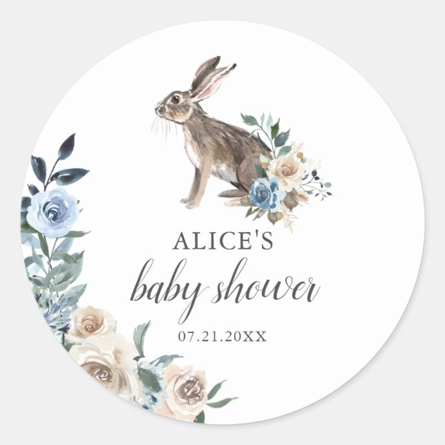 Bunny Boho Dusty Blue Beige Flowers Baby Shower Classic Round Sticker (Front)