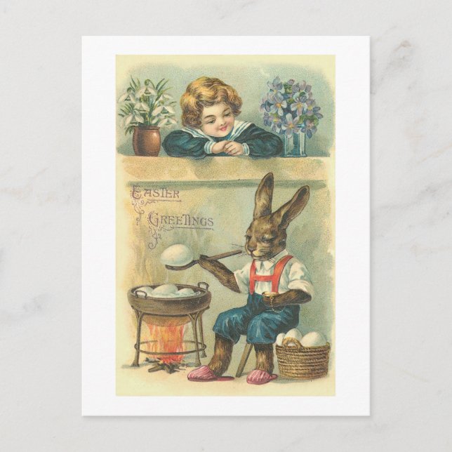 Bunny Boiling Easter Eggs Vintage Easter Holiday Postcard (Front)