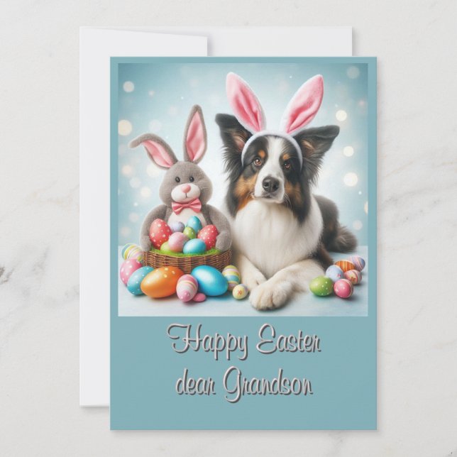 Bunny Border Collie Happy Easter Grandson  Holiday Card (Front)