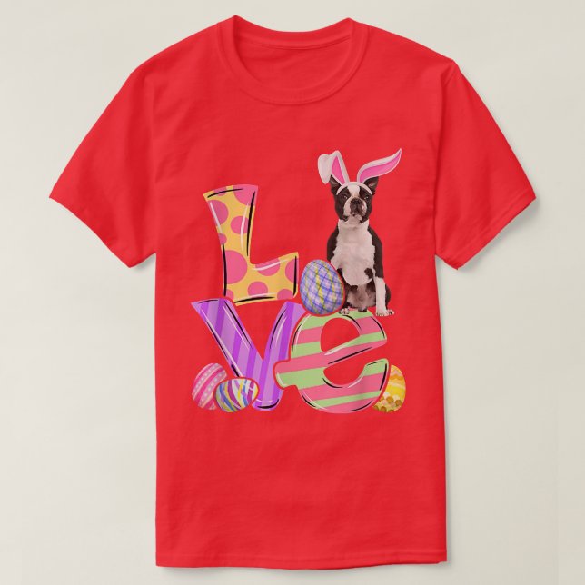 Bunny Boston Terrier Dog Happy Easter Eggs Tree  T-Shirt (Design Front)